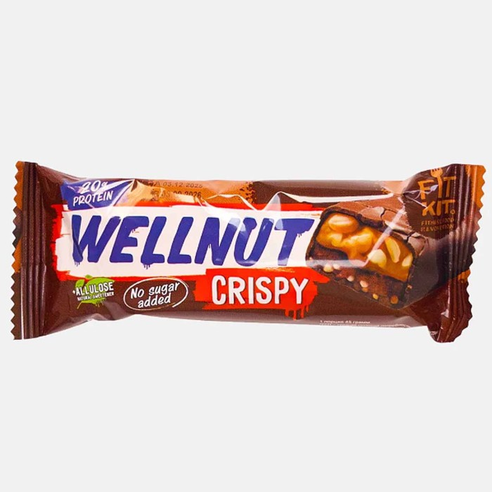 Батончик глазированный Wellnut crispy арахис-карамель 45гр м/у