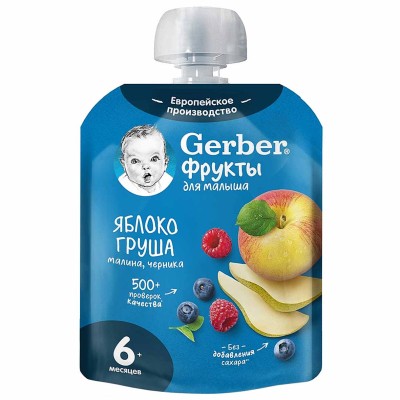 Пюре Gerber Яблоко,груша,черника,малина с 6мес 90гр пауч
