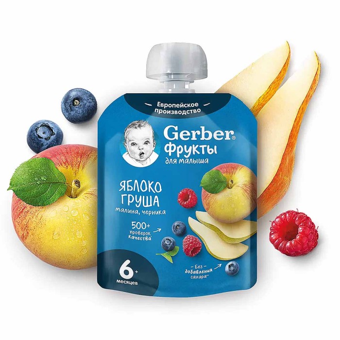 Пюре Gerber Яблоко,груша,черника,малина с 6мес 90гр пауч