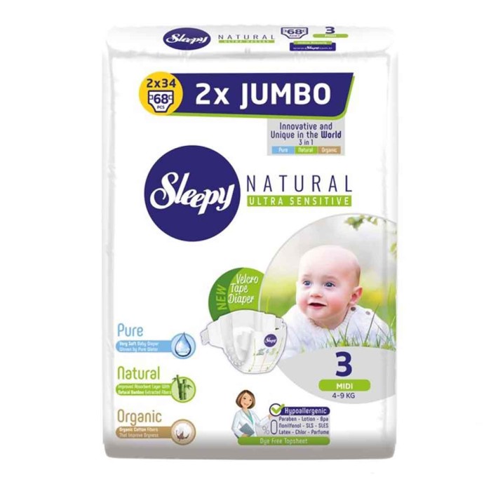 Подгузники Sleepy natural №3 midi (4-9кг) 68шт м/у