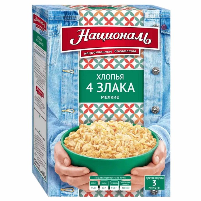 Хлопья Националь 4 злака мелкие 400гр к/у