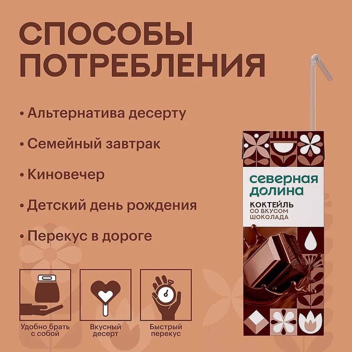 Коктейль молочный Северная Долина со вкусом шоколада 2,5% 200мл т/п