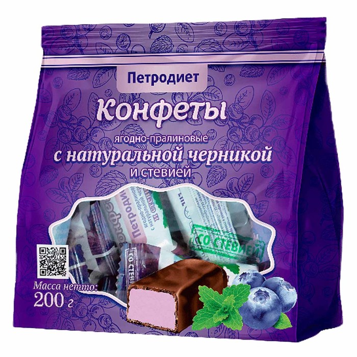 Конфеты Петродиет ягодно-пралиновые с нат. черникой и стевией 200гр м/у