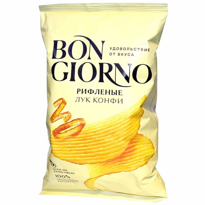 Чипсы Bon Giorno рифленые со вкусом карамелизованный лук с сыром 80гр м/у