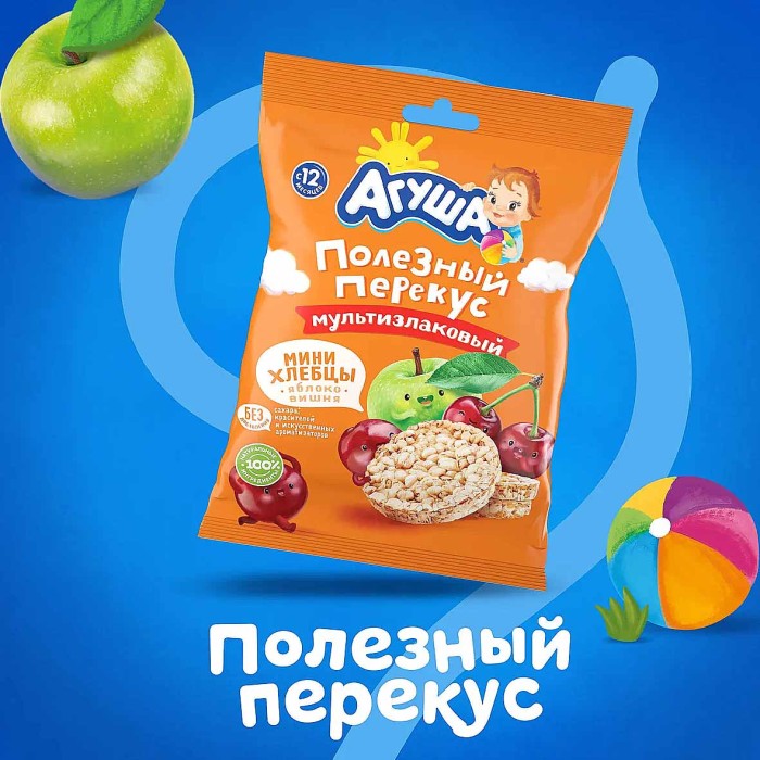 Хлебцы-мини Агуша мультизлаковые фруктовые яблоко-вишня с 12мес 30гр м/у