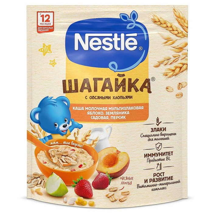 Каша Nestle 5 злаков молочная яблоко-земляника-персик с 12мес 200гр д/п