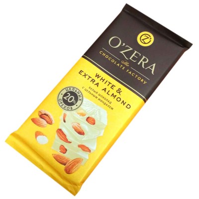 Шоколад OZera White&amp; Extra Almond белый с цельным миндалем 90гр м/у