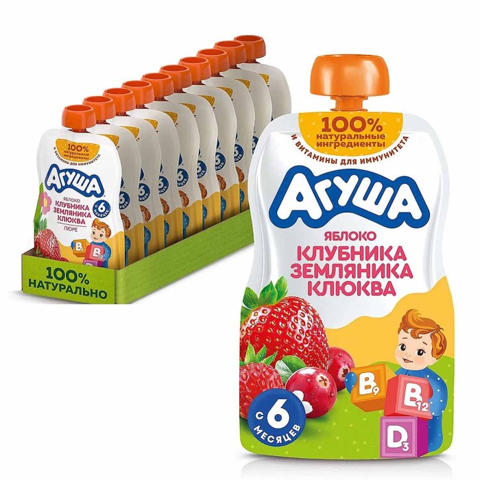 Пюре Агуша Укрепляй-ка яблоко-клубника-земляника-клюква 80гр д/п