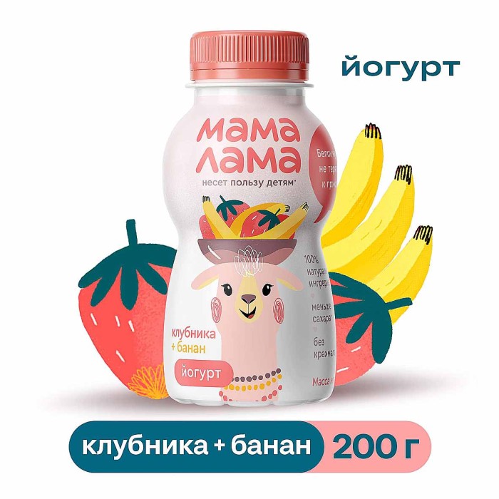Йогурт питьевой Мама Лама Клубника-Банан  2,5% 200гр пэт