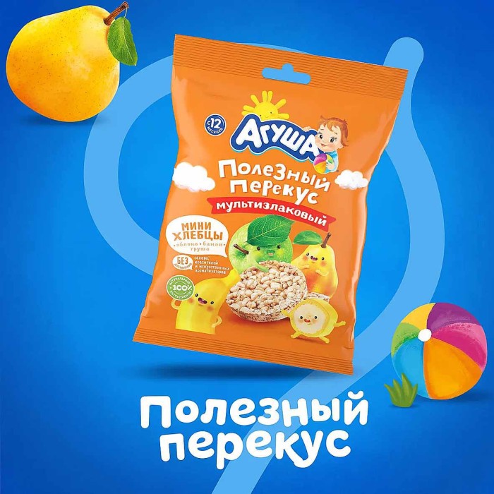 Хлебцы-мини Агуша мультизлаковые фруктовые яблоко-банан-груша с 12мес 30гр м/у