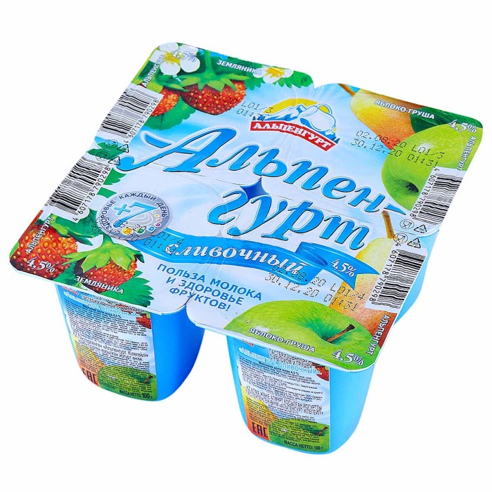 Йогурт Альпенгурт Сливочный земляника-яблоко-груша 4,5% 100гр пэт