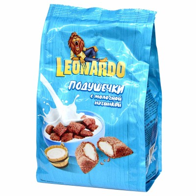 Завтрак готовый Leonardo подушечки молочная начинка 250гр м/у