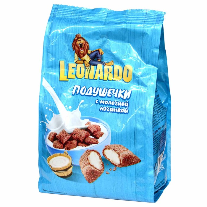 Завтрак готовый Leonardo подушечки молочная начинка 250гр м/у