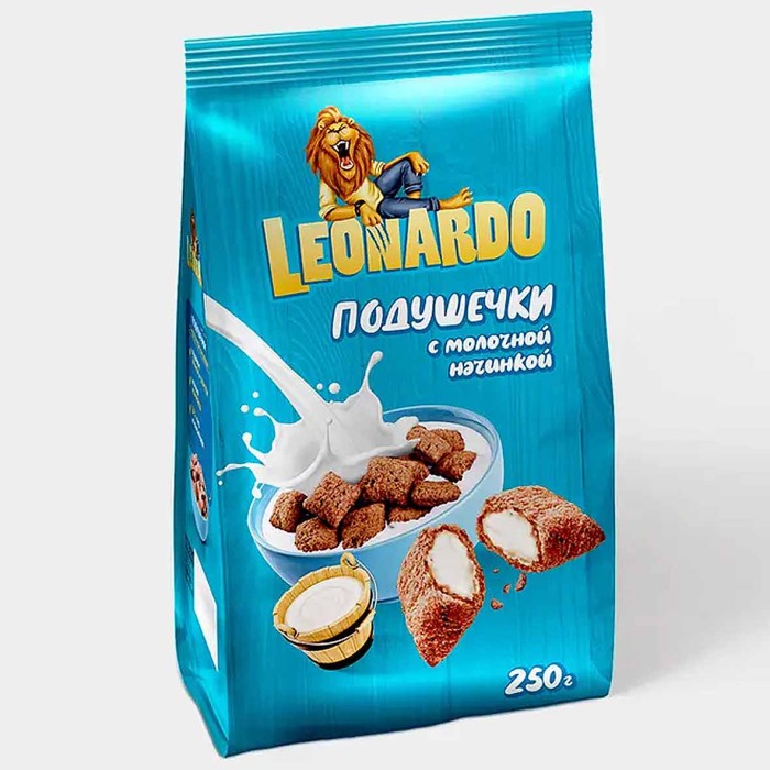 Завтрак готовый Leonardo подушечки молочная начинка 250гр м/у