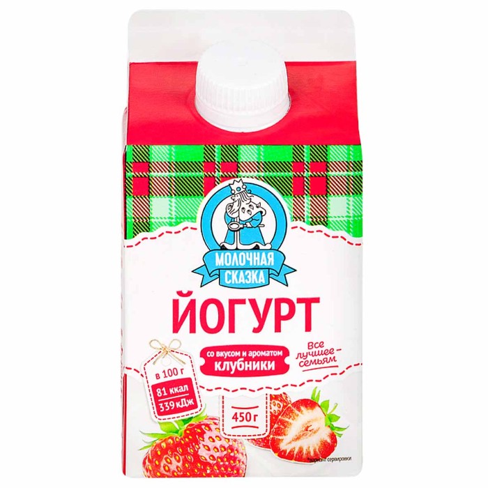 Йогурт питьевой Молочная сказка со вкусом и ароматом клубники 450гр 2,5% т/п