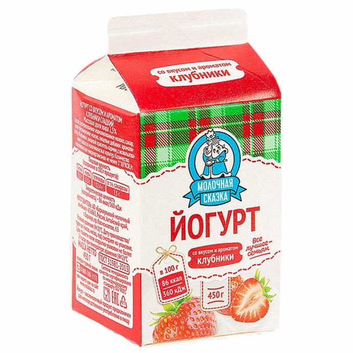 Йогурт питьевой Молочная сказка со вкусом и ароматом клубники 450гр 2,5% т/п