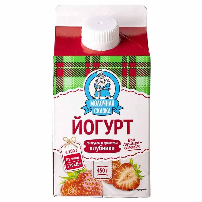 Йогурт питьевой Молочная сказка со вкусом и ароматом клубники 450гр 2,5% т/п