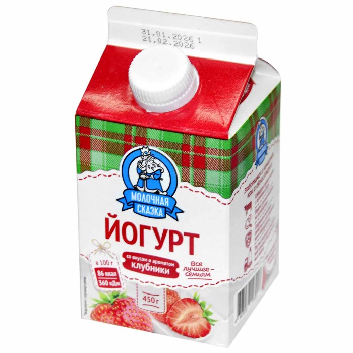 Йогурт питьевой Молочная сказка со вкусом и ароматом клубники 450гр 2,5% т/п
