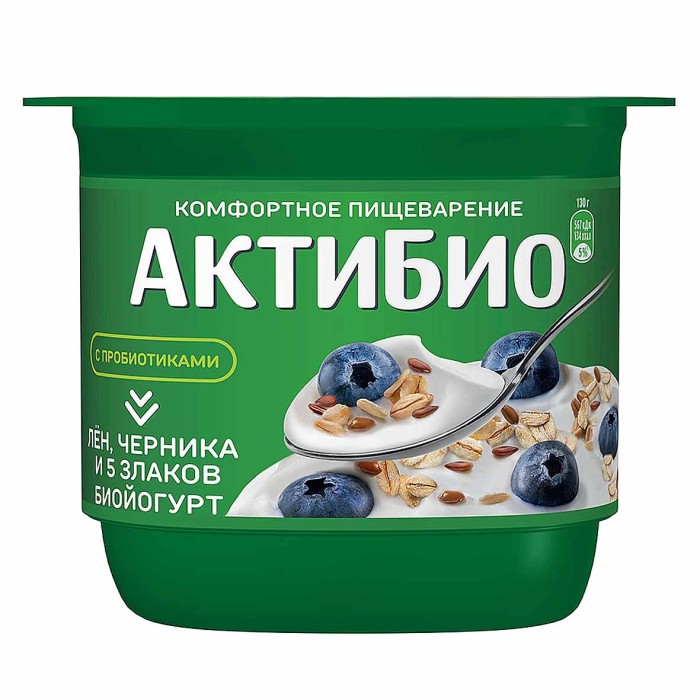 Биойогурт Актибио натуральный лен-черника-5 злаков 3,0% 130гр пэт