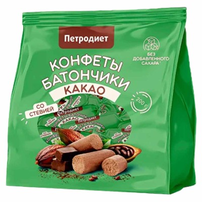 Конфеты Петродиет батончики какао со стевией на фруктозе 200гр м/у