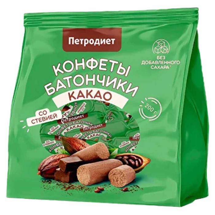 Конфеты Петродиет батончики какао со стевией на фруктозе 200гр м/у