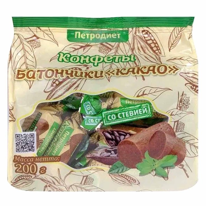 Конфеты Петродиет батончики какао со стевией на фруктозе 200гр м/у