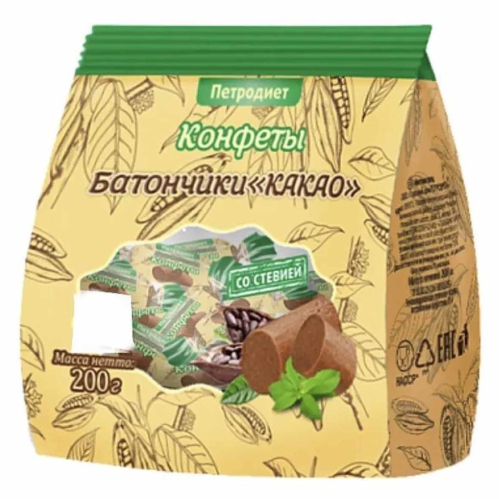 Конфеты Петродиет батончики какао со стевией на фруктозе 200гр м/у
