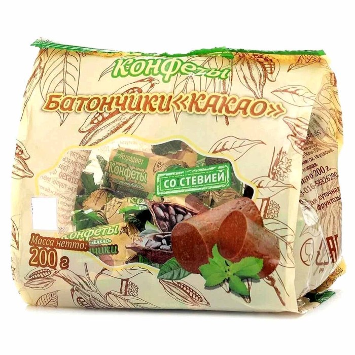 Конфеты Петродиет батончики какао со стевией на фруктозе 200гр м/у