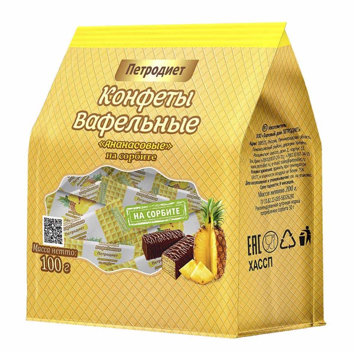 Конфеты Петродиет ананас вафельные на сорбите 100гр м/у