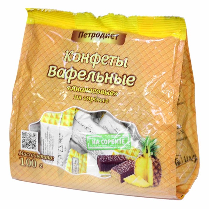 Конфеты Петродиет ананас вафельные на сорбите 100гр м/у