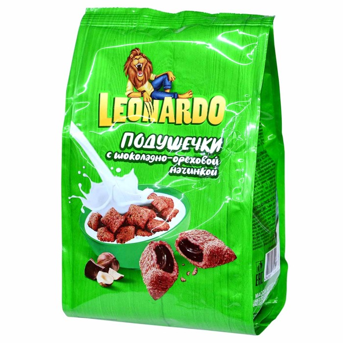 Завтрак готовый Leonardo подушечки шоколадная начинка 250гр м/у