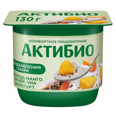Биойогурт Актибио натуральный виноград-манго-папайя-чиа 2,9% 130гр пэт