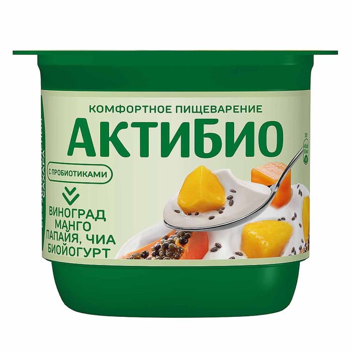 Биойогурт Актибио натуральный виноград-манго-папайя-чиа 2,9% 130гр пэт