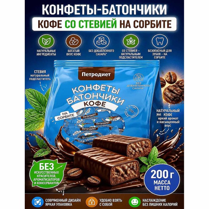 Конфеты Петродиет батончики кофе со стевией на сорбите 200гр м/у