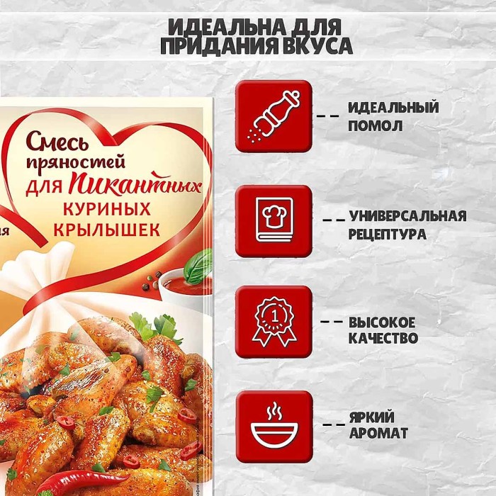 Смесь пряностей Приправыч пикантные куриные крылышки с пакетом для запекания 30гр м/у
